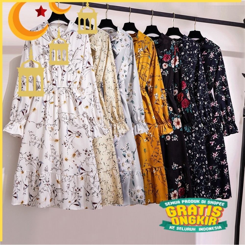 Warna solid hitam merah Wanita midi dress korea lengan panjang Muslimah motif bunga panjang gaun/ bu