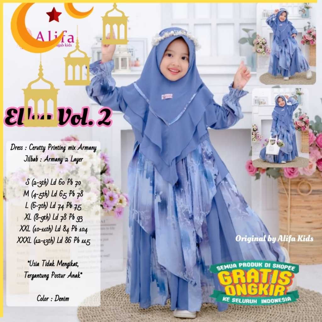 Shopakids Ellsa Vol.2 Dress Kids Gamis Anak Perempuan Ceruty Printing mix Armani Usia 2 3 4 5 6 7 8 
