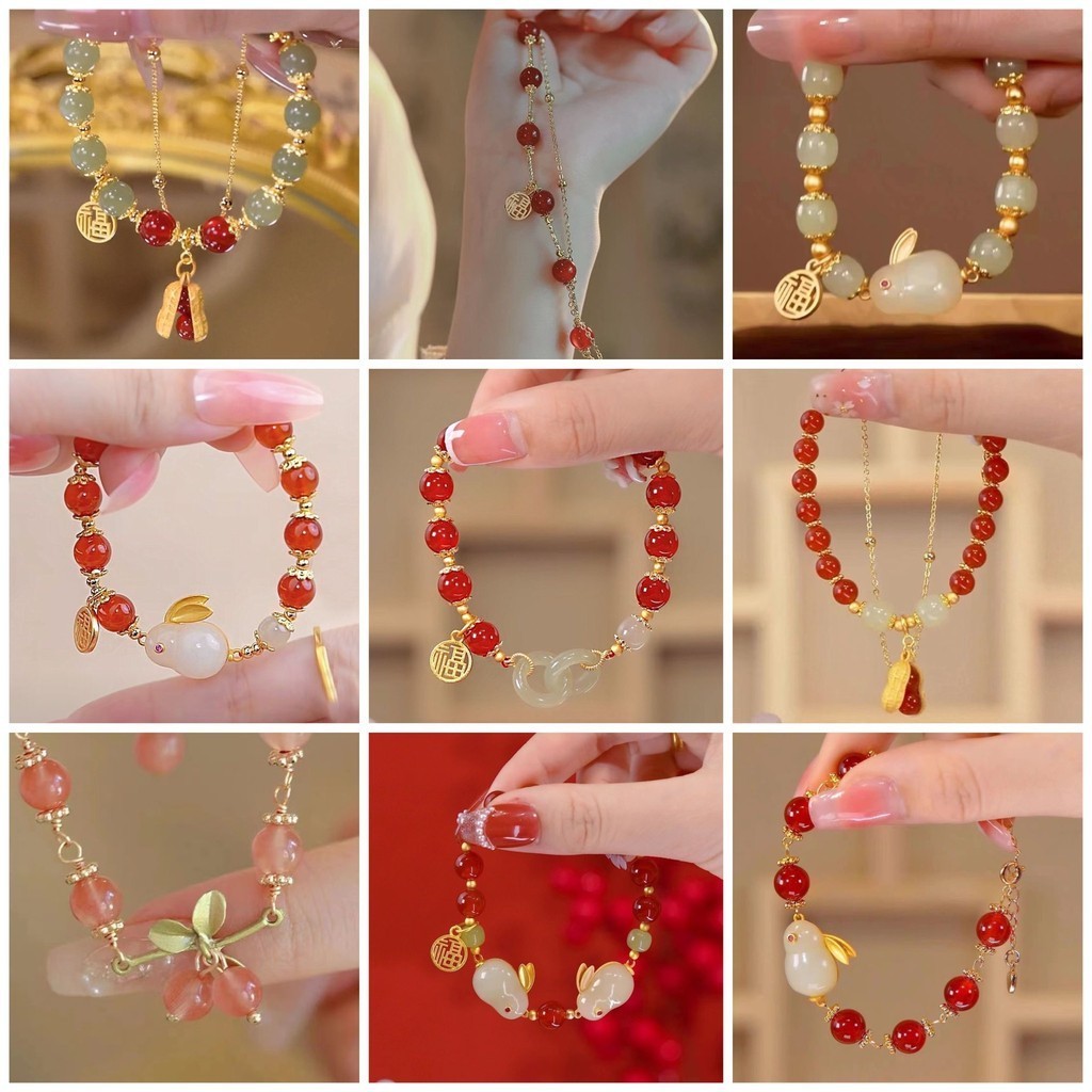 [K.Anissa] Pengiriman 24 Jam Gelang Giok Hetian Kacang Keberuntungan Kreatif Manik-manik Retro Tiong