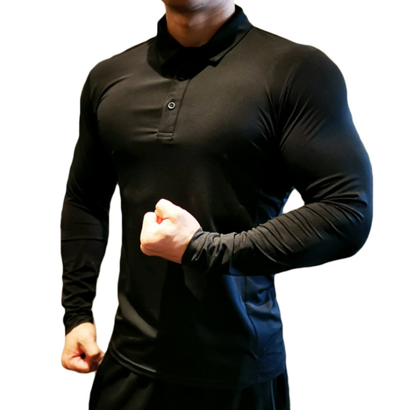 Pakaian Olahraga Pria Baju POLO Lengan Panjang Cepat Kering Celana Ketat Elastis Tinggi Kerah