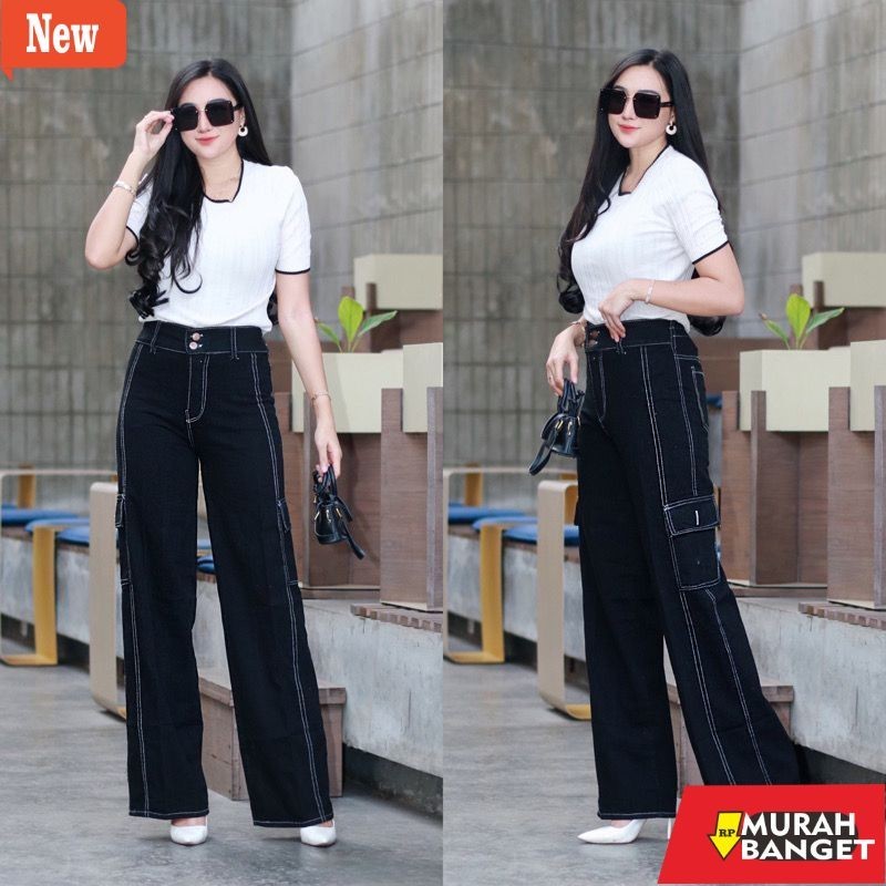 Celana panjang wanita untuk lebaran- Kulot jeans cargo hitam // Celana panjang
