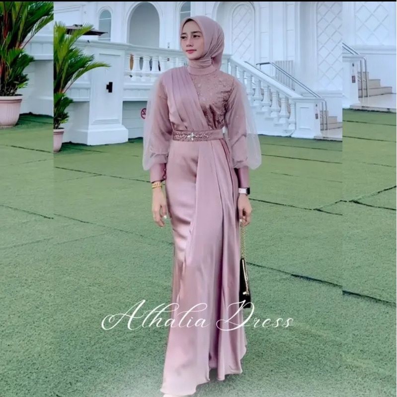 BATIK EXPRESS - Gamis Brukat Maxi Dress Auliya Lengan Panjang Baju Kondangan Wanita Kekinian Dress B
