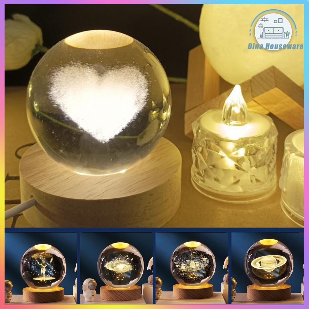 Lampu Tidur Hias LED Bola Kristal Hiasan Kamar Tidur Aesthetic Lampu Malam Bulan Bola Kristal