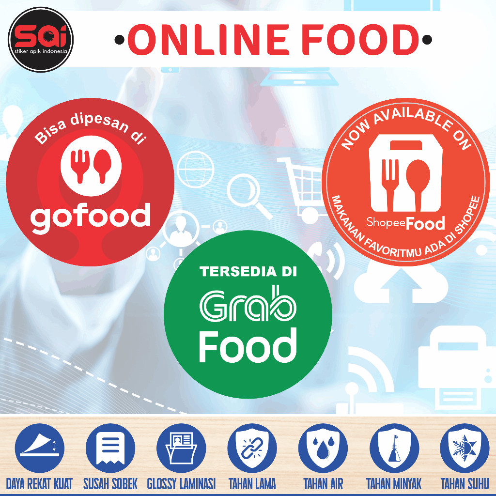 

stiker vinyl anti air ONLINE FOOD - GO FOOD - GRAB FOOD - SHOPEE FOOD BUNDAR laminasi glossy