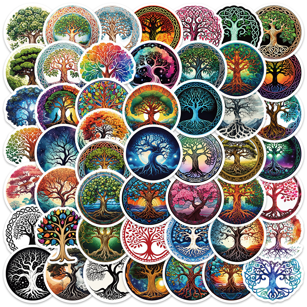 

50pcs Aesthetic Cartoon Mysterious Life Trees Stickers Nature Water Bottle Decals Luggage Laptop Guitar Vinyl Car Sticker