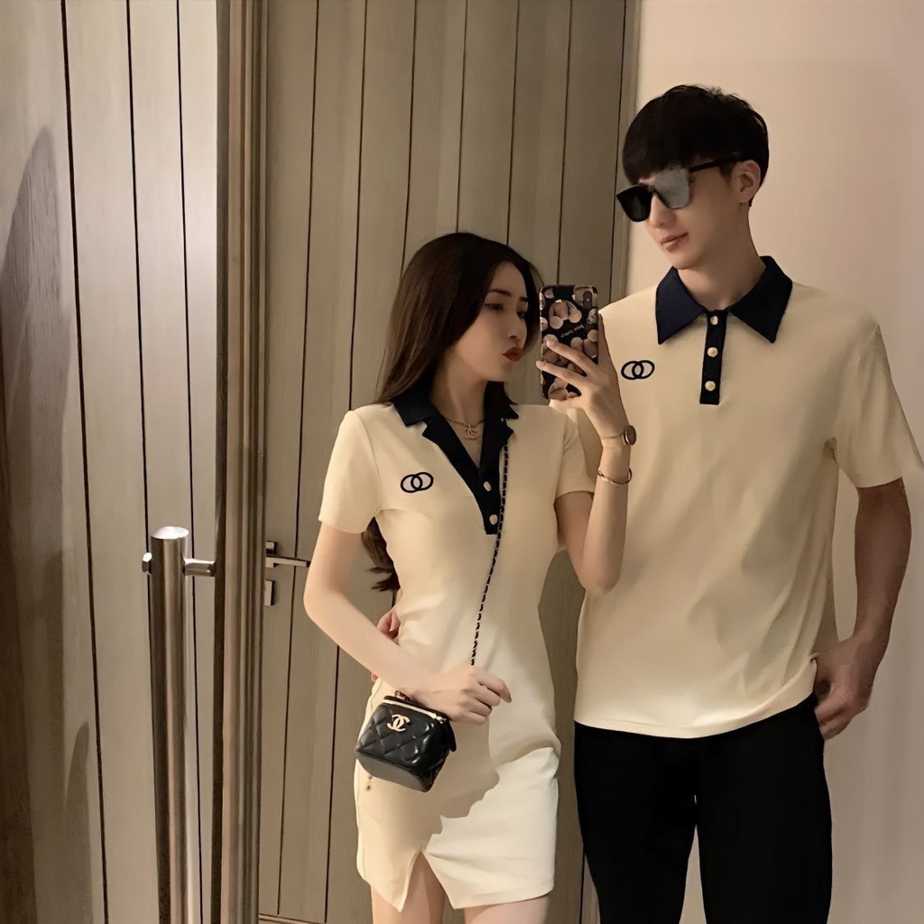 Ajie's niche design couple outfit, one dress, one dress 2023 new summer bag buttocks Polo