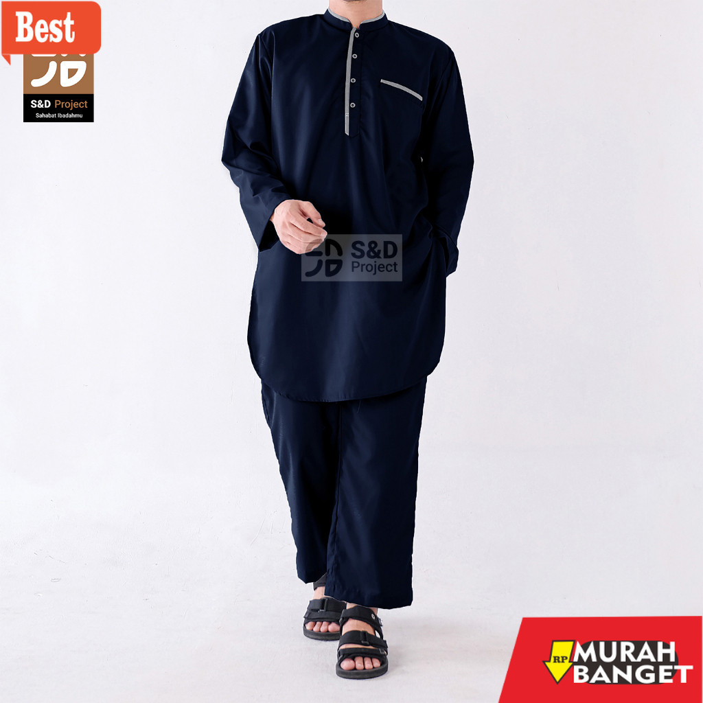 Baju muslim pria pendek- Setelan Kurta Koko Pria Lengan Panjang Warna Navy Bahan Katun Toyobo Polos 