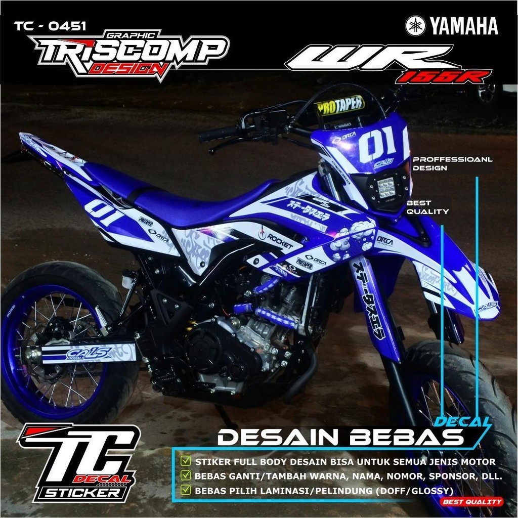 Stiker decal WR 155R sticker motor trail WR warna biru putih motif racing supermoto desain custom li