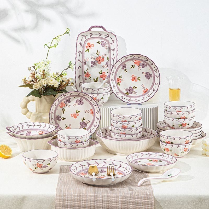 CASA DELUXO Piring Keramik Makan Motif FRANC Series Soft Purple Bloom / Piring Makan Jepang / Piring
