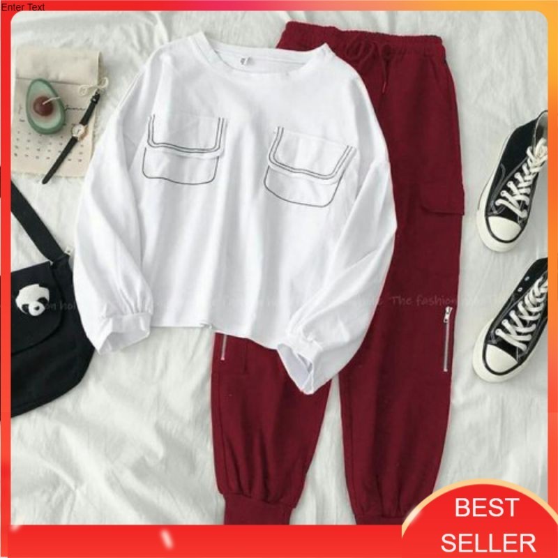 One Set Baju Stelan Setelan Kaos dan Celana Training Trening Joger Korean Style Wanita Cewek Remaja 
