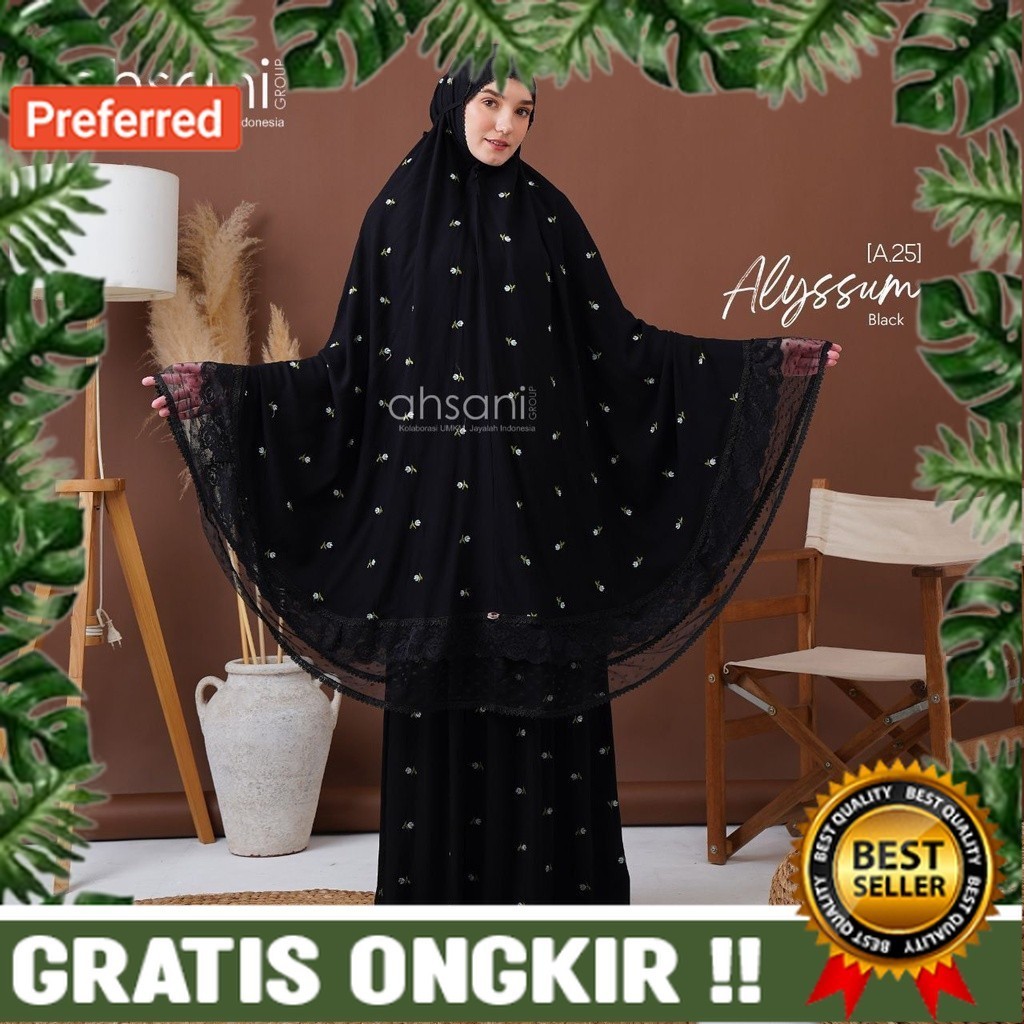 Mukena Ahsani Dewasa Allysum Black Size Jumbo Bahan Rayon Premium Bordir Bunga Timbul Renda Tile Pre