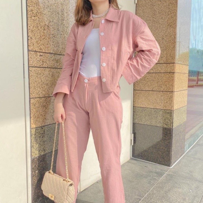 ONE SET ATASAN DAN CELANA LINEN APE.STORE termurah