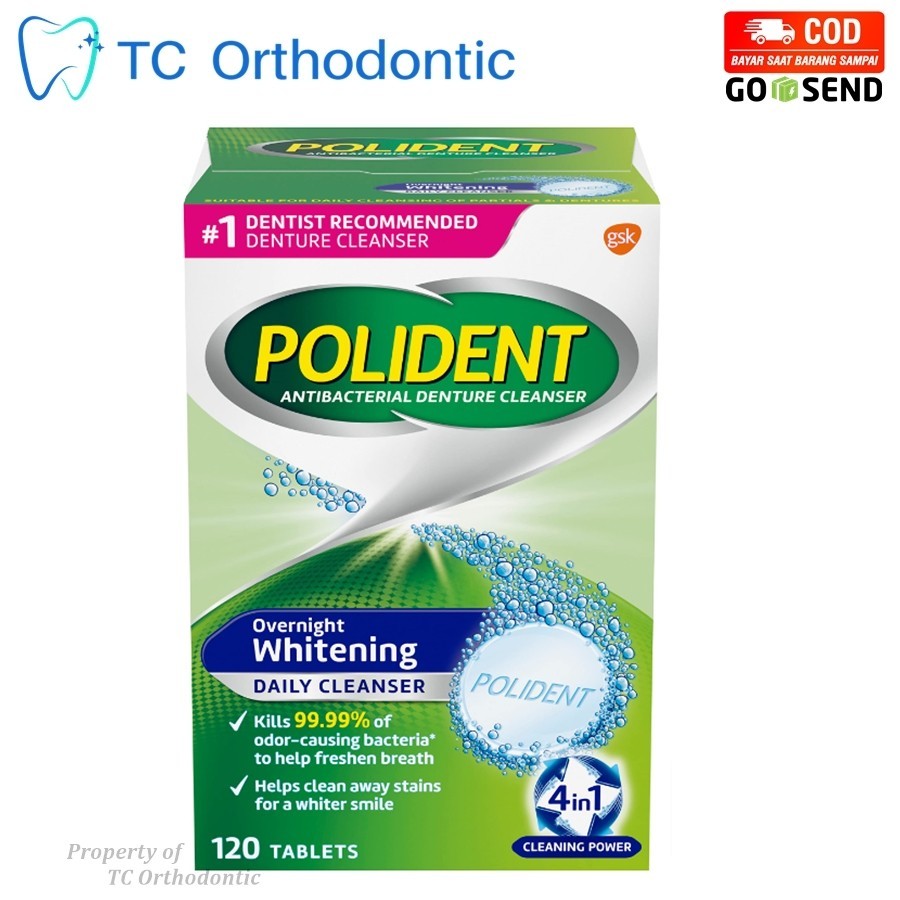Polident Pembersih Gigi Palsu Isi 120 Tablet Polident Overnight Whitening / Pembersih Gigi Tiruan