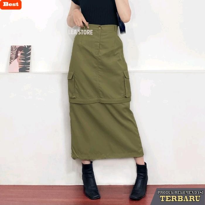 rok wanita kekinian Gaea Rok Cargo Wanita Panjang Katun Drill Polos Size Jumbo Pinggang Melar Kanton