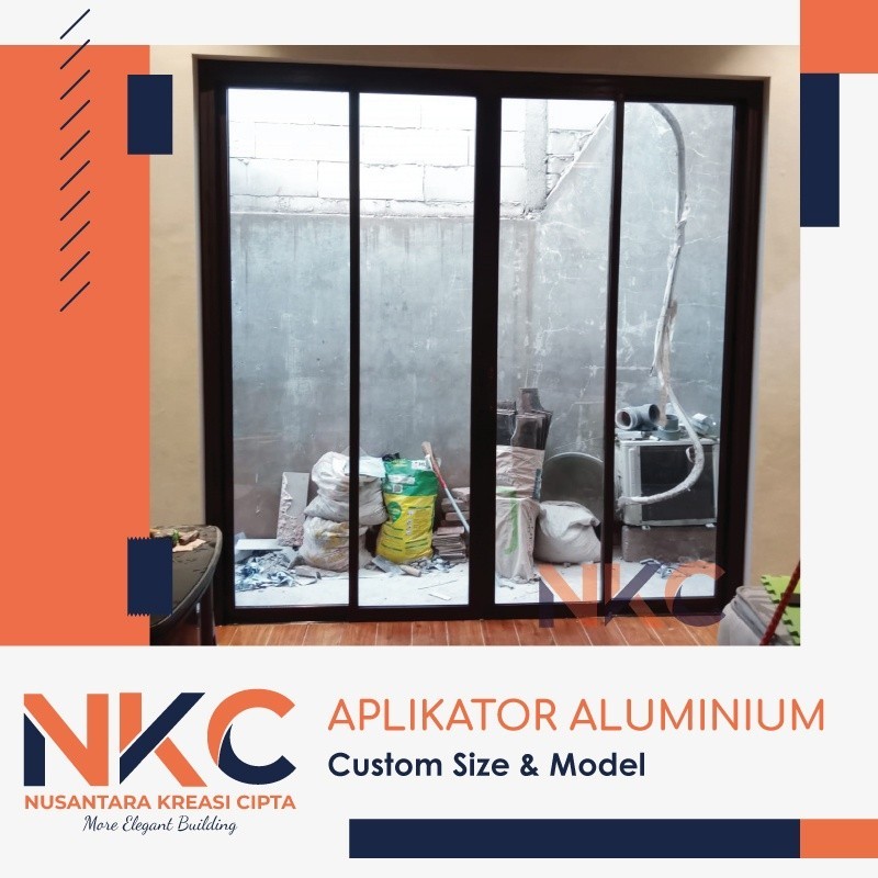 promo PINTU ALUMINIUM BUKAAN SLIDING DUA DAUN KIRI KANAN KACA MATI UKURAN L240xT200CM FULL KACA BISA
