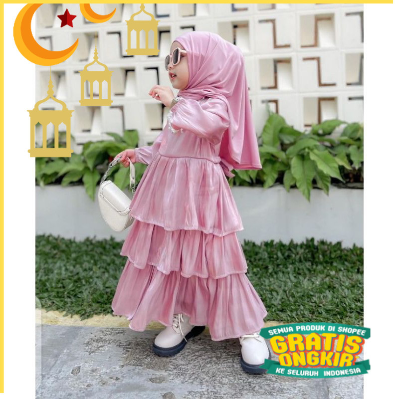 GAMIS SHIMMER RUFFLE / GAMIS SHIMMER ANAK /GAMIS COUPLE MEWAH Mom&Kids/Maron merah bata red anak tan
