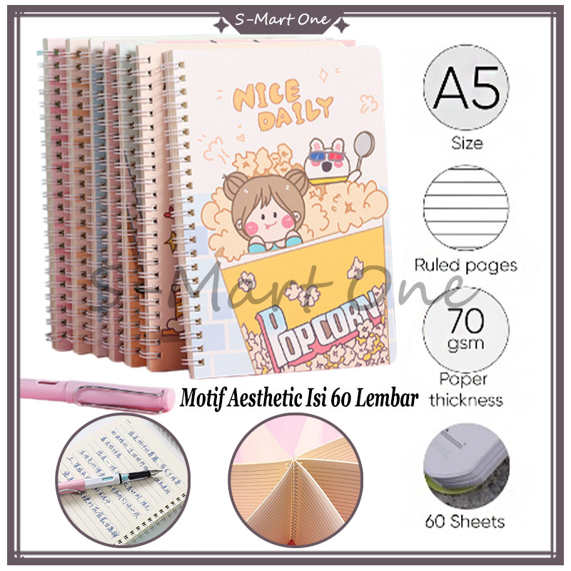 

NoteBook Ring A5/Motif Aesthetic Isi 60 Lembar/Buku Diary Aesthetic Motif Kartun /Spiral Motif Buku Tulis Catatan A5