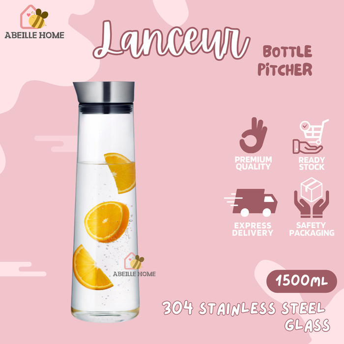 Botol Minum Kaca Kulkas LANCEUR Minuman Dingin Glass Pitcher Stainless Steel
