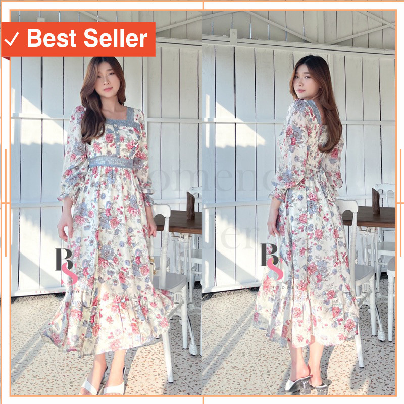 Keren Vintage Dress Wanita Kekinian Murah / D1374 MAHIRA KOREAN STYLE FLORAL VINTAGE MIDI DRESS BUNG