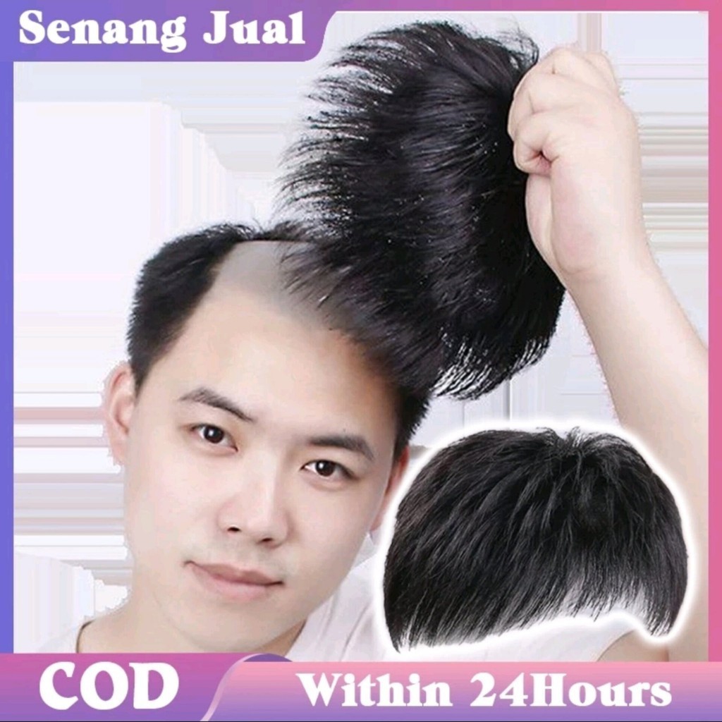 Wig Penutup Botak Tengah Rambut Hitam Natural Toupee Pria Dengan Penjepit