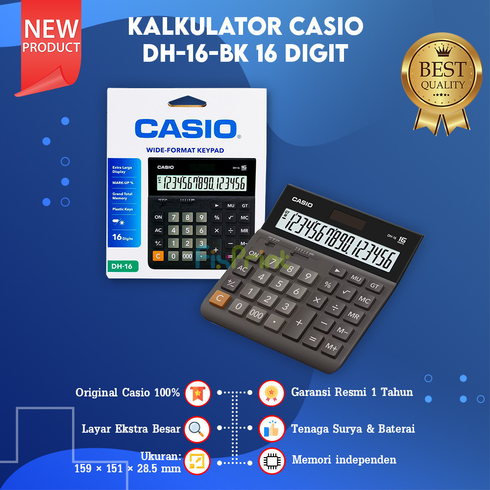 

Calculator DH-16 Casio 16 Digit Black, Desktop Office DH-16-BK 16 Digits Kalkulator Kantor New Original