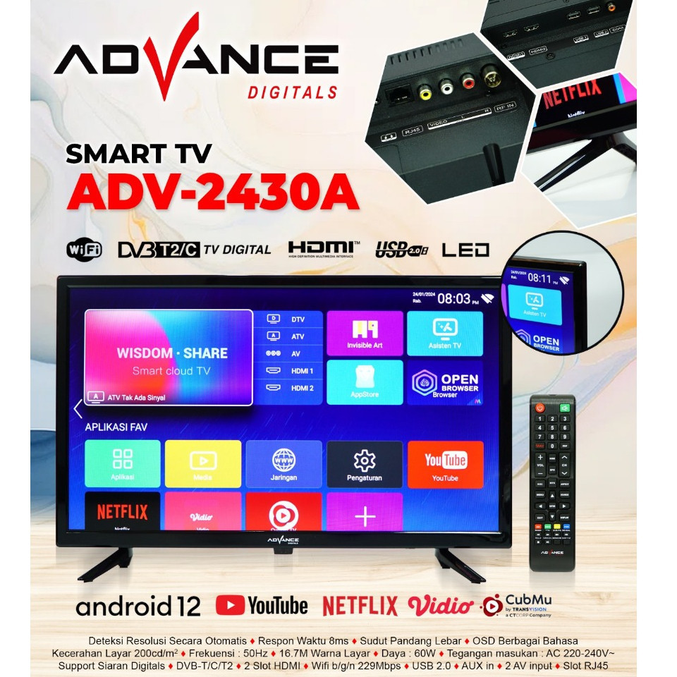 GARANSI RESMI 1 TAHUN SMART TV ANDROID ADVANCE 24HD 2430A - SMART TV 24INCH ADVANCE