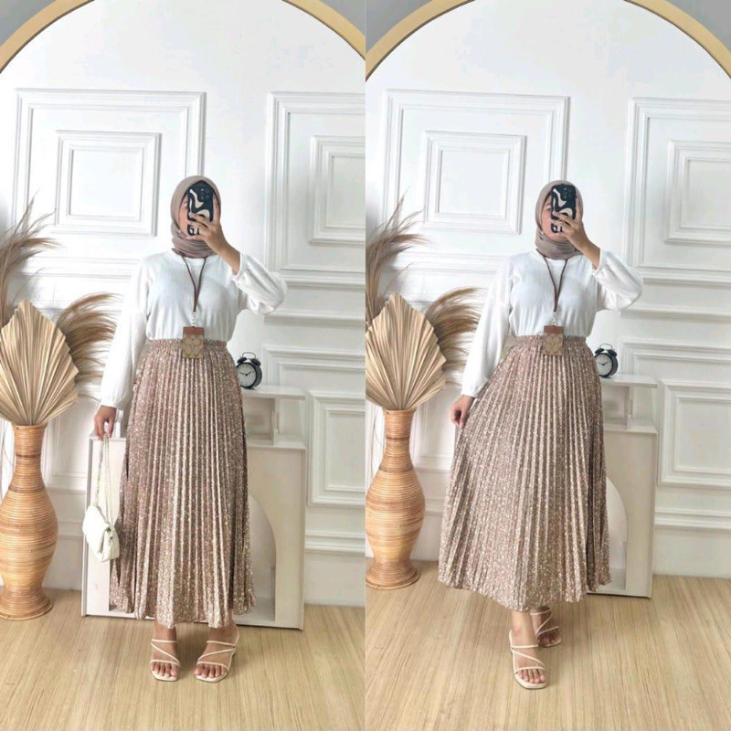 VEXIOS - ZFS OOTD WANITA INA / ROK PLISKET BUNGA / Outfit Wanita Hijab Best Seller / Rok Maxy Motif 