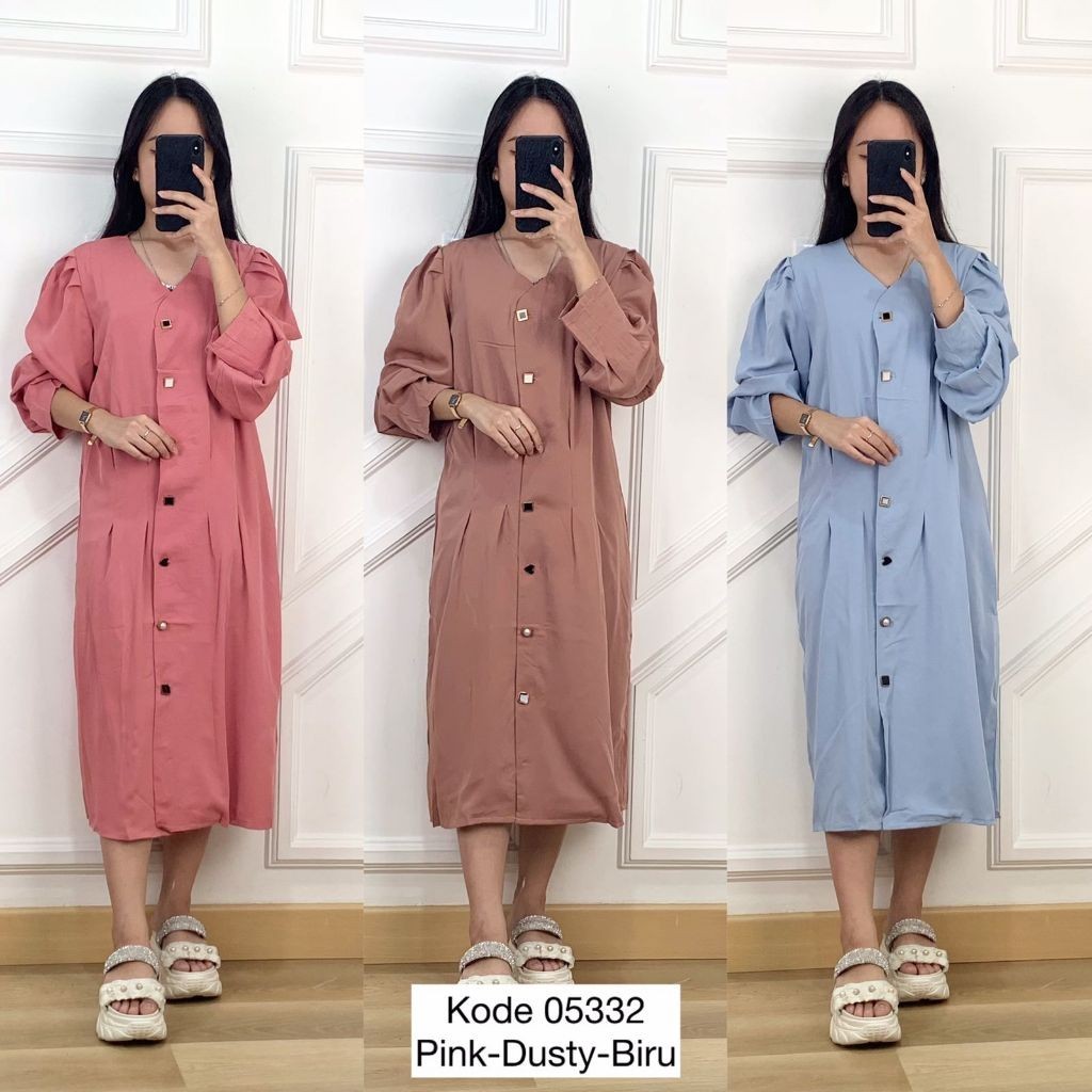 05332 TUNIK SLIKY POLOS VARIASI BUTTON RANDOM PETAK / BULAT / LOVE / AND PEARL LEHER V NECK LENGAN P
