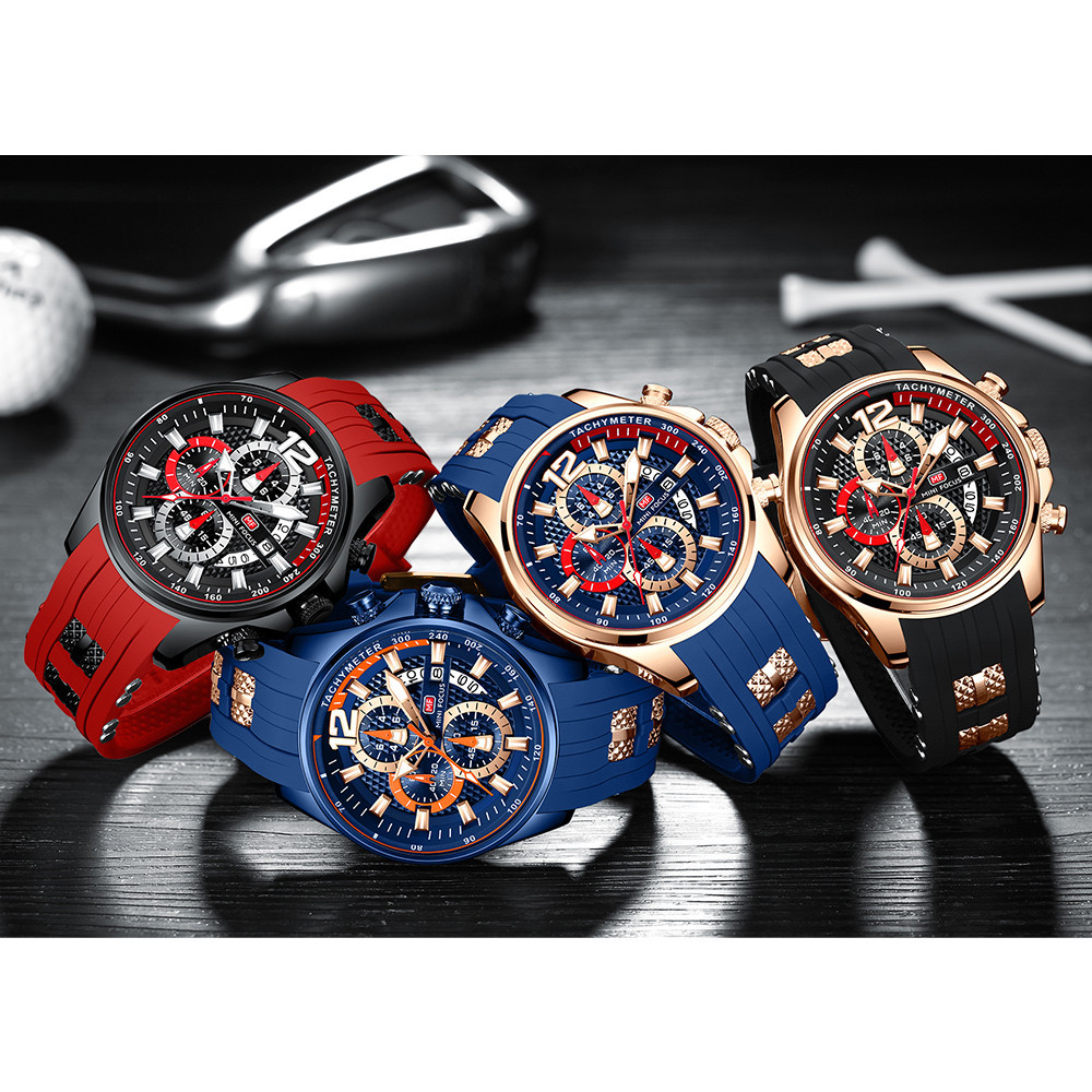 Mini Focus jam tangan pria kedap air jam tangan olahraga Chronograph untuk pria dengan tali silikon 