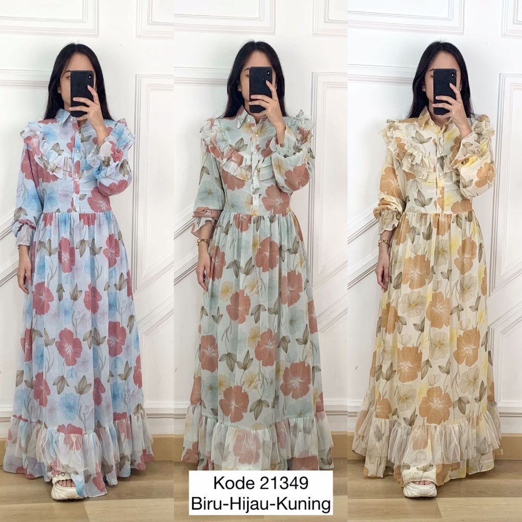 LONG MAXI CERUTY RUFFLE DADA VARIASI KERAH V MIX PEARL BUTTON DEPAN LENGAN BALON PREMIUM WANITA TERU