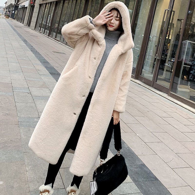 Winter Women High Quality Faux Rabbit Fur Coat Luxury Long Fur Coat Loose Lapel OverCoat Thick Warm 