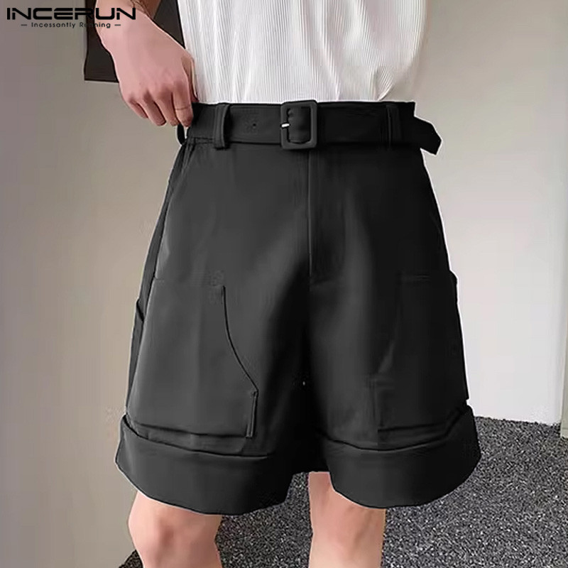 INCERUN 2024 Korean Style Shorts New Men's Pocket Design Solid High Waisted Shorts Casual Streetwear