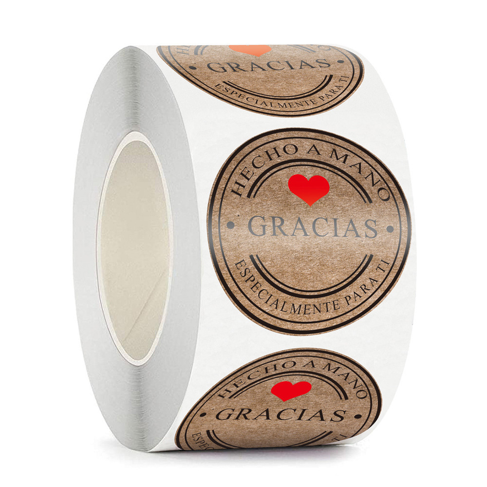 

100-500pcs Retro Kraft sealing sticker Gracias Round Kraft Seal sticker For handmade products Vintage Label with red heart