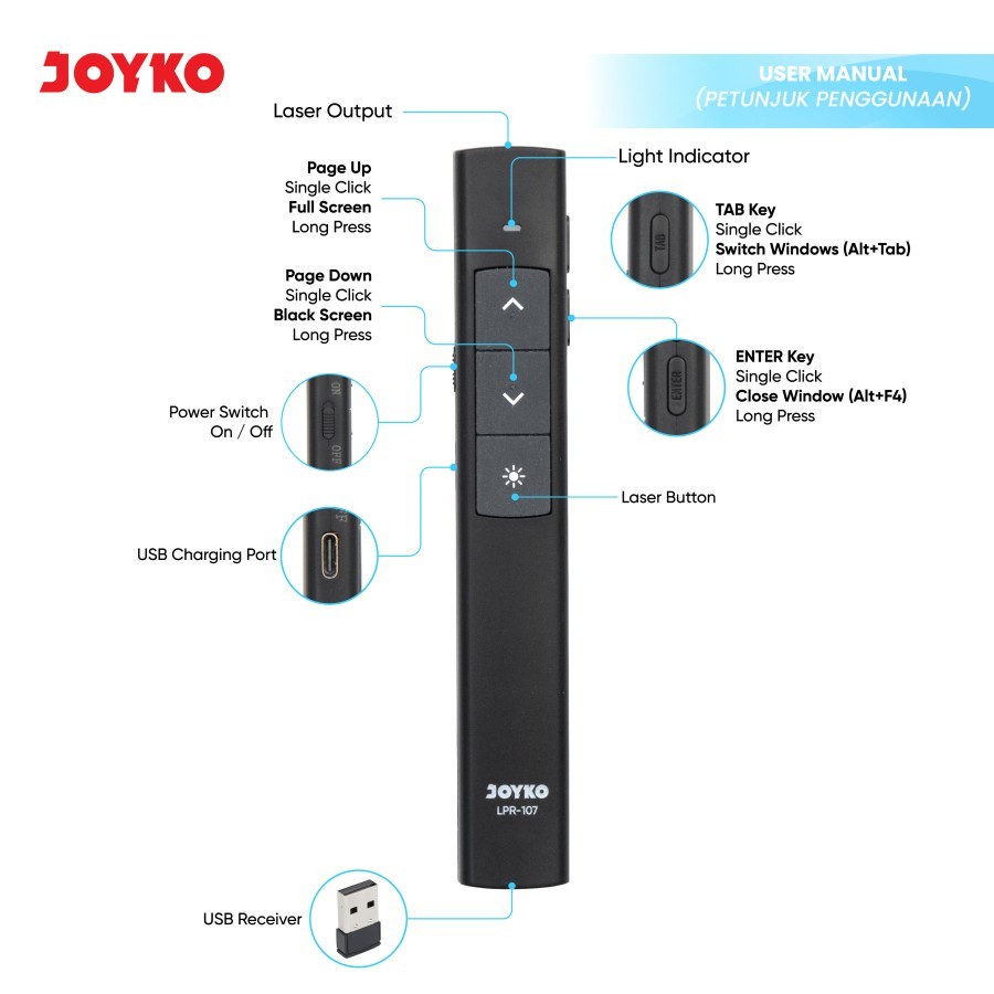 Stik Wireless Presenter LPR 107 Cas / LED Laser Pointer JOYKO LPR107 Presentasi