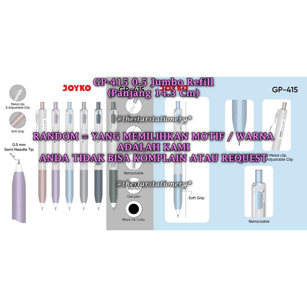 

(1 Biji) GROSIR Gelpen JOYKO GP-415 0.5 mm Black / Gel Pen Pulpen Pena Joyko GP-415 Black (1 Biji)