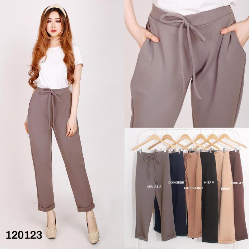 [BISA COD] Celana Panjang Bahan Kulot Polos Lipat Kaki Pinggang Karet Scuba Stretch Melar All Size W