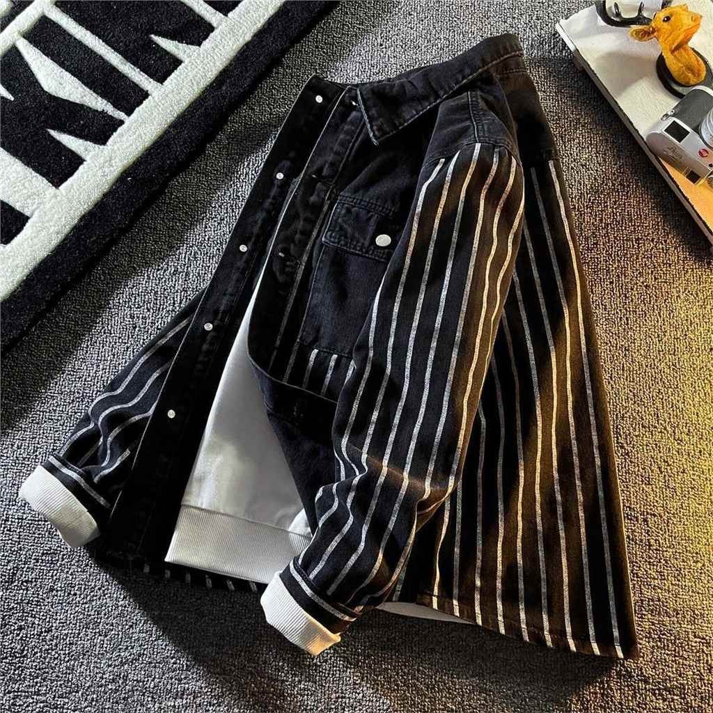 Men's new trendy casual striped printed denim patchwork jacket