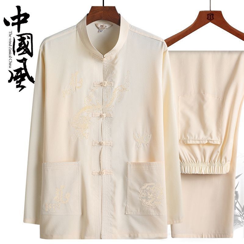 Setelan Tang pria paruh baya dan lansia Hanfu musim semi, musim panas dan musim gugur ayah kemeja be