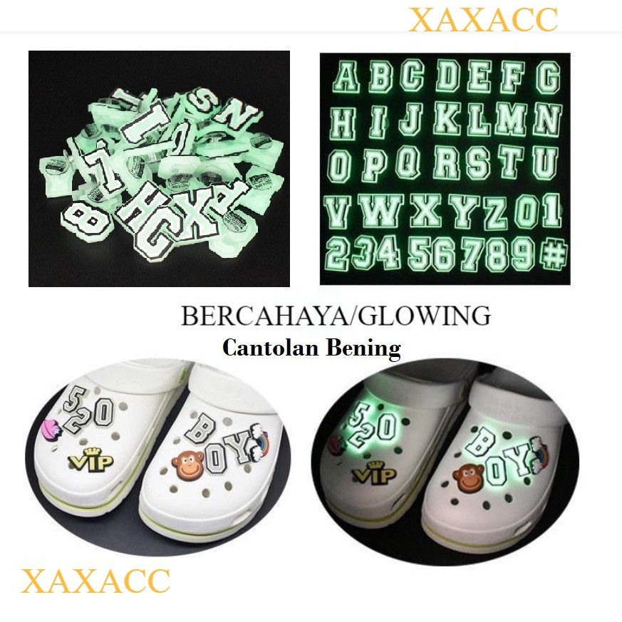 AHG-400   Pin Sandal Bercahaya Bentuk Angka Huruf Glowing in The Dark Pins Charm Putih Untuk  Gesper