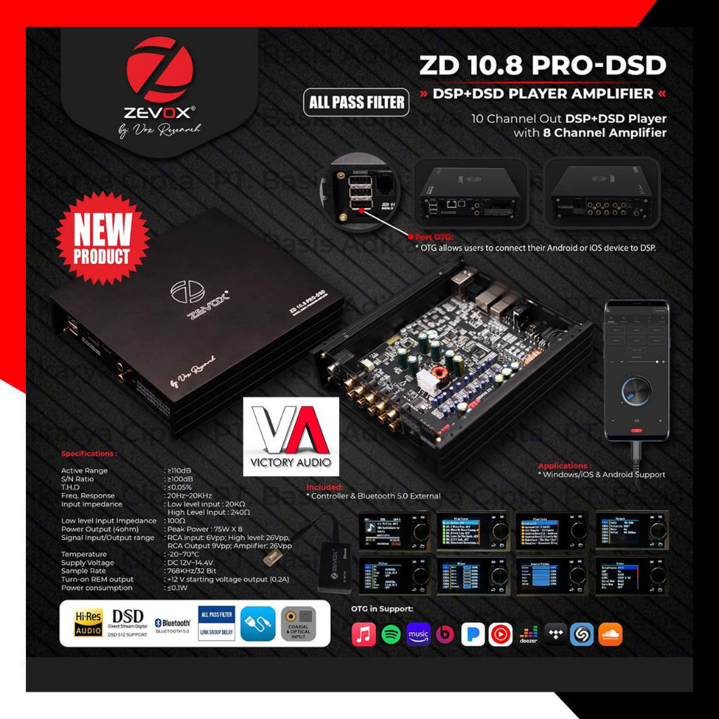 Digital Sound Processor DSP Audio Mobil ZEVOX ZD 10.8 PRO-DSD 10CH Built in Power Amplifier 8CH Supp
