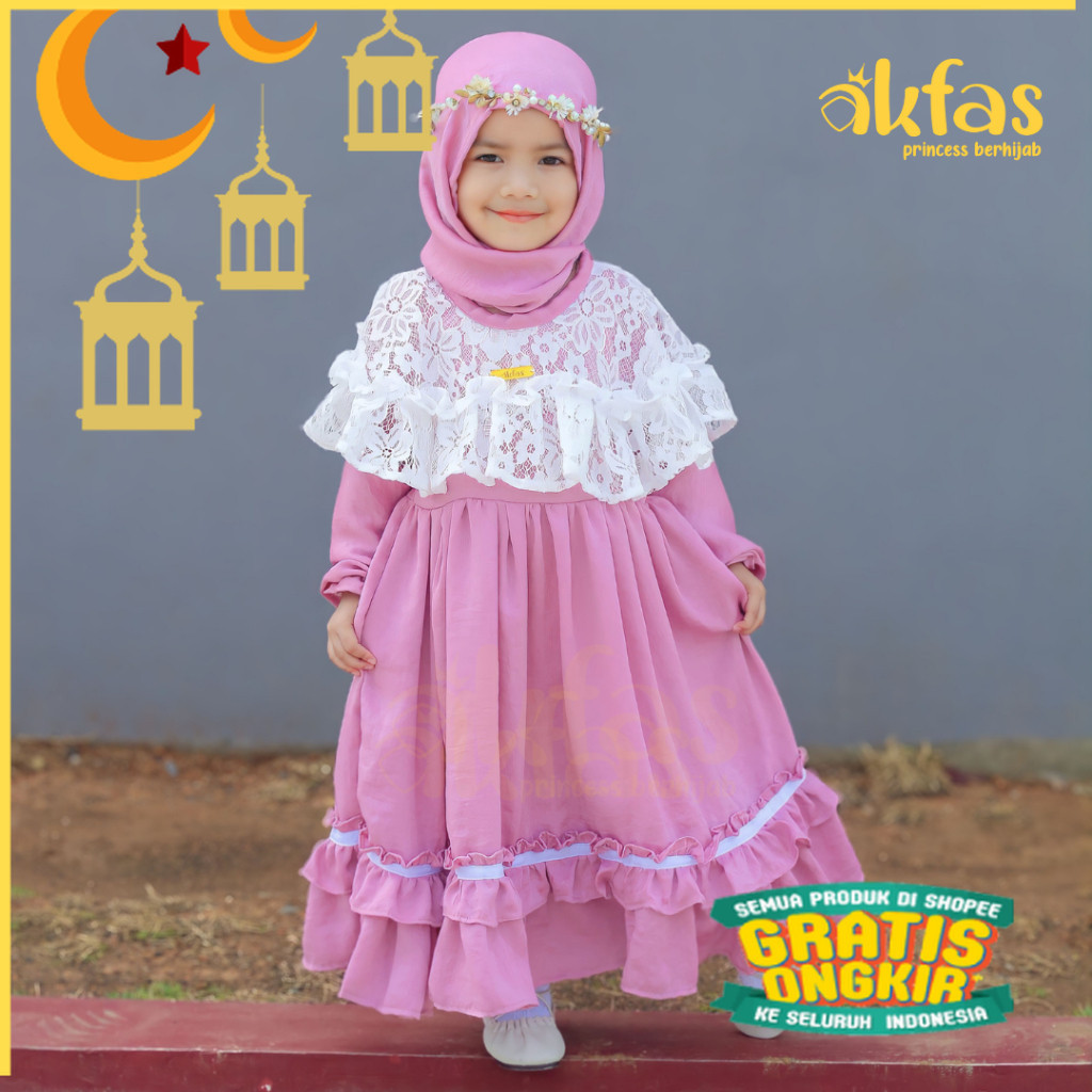 Akfas Baju Gamis Anak Perempuan Mewah Princes Brokat Santorini Silky kode 38 Free Hijab/nude yellow 