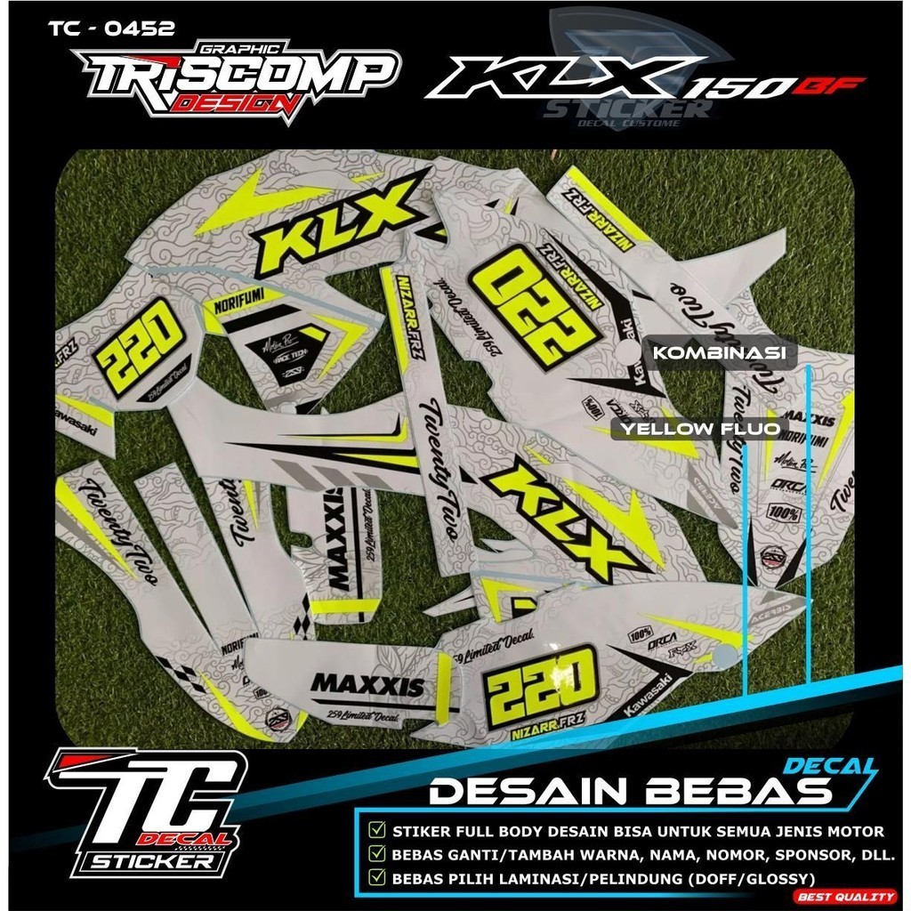 Stiker Decal KLX 150Bf Motif simpel warna putih List kuning hijau stabillo Sticker Motor KLX BF supe