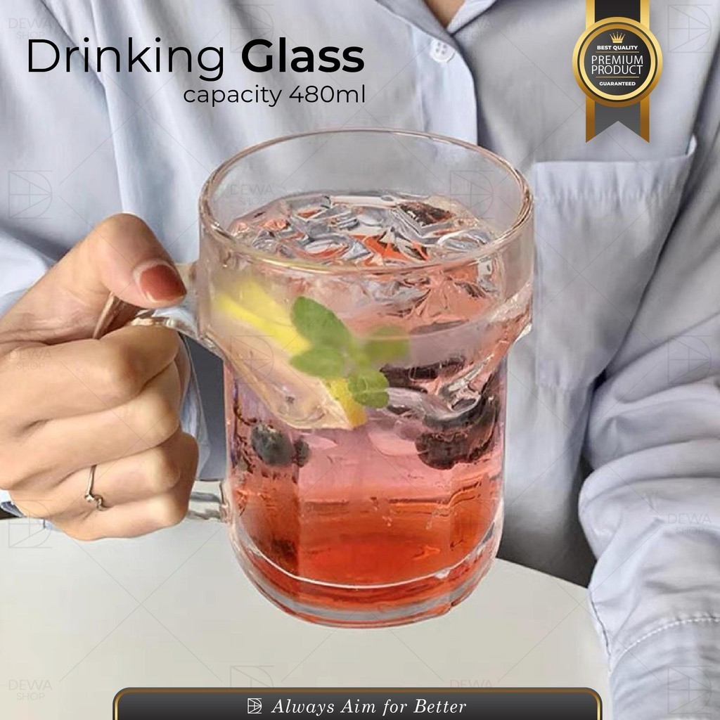 Water Jug Gelas Kaca Pegangan Besar Jumbo 500ml Jus Juice Cafe Ins Style Simple Cantik