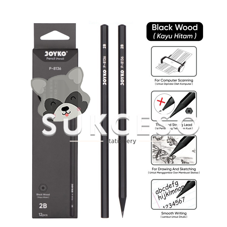 

Joyko Pencil P-8136 LUSINAN Pensil 2B Black Wood Hexagonal Murah