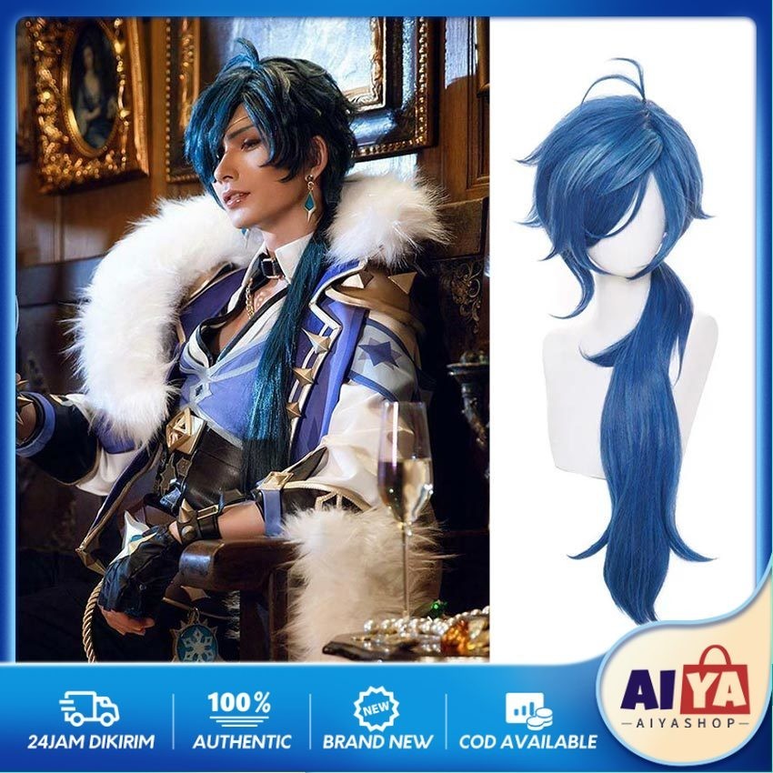Rambut Palsu Wig Kaeya Cosplay Genshin Impact 80Cm Wig Panjang Biru