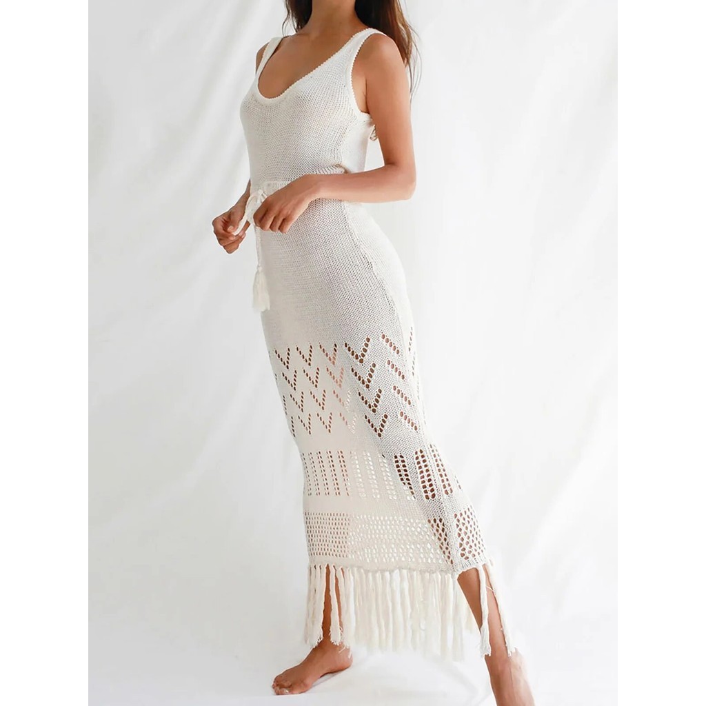 PREORDER S - XL Fringe Tassel Knitted Crochet With Drawstring Tunic Beach Cover Up Cover-ups Beach D