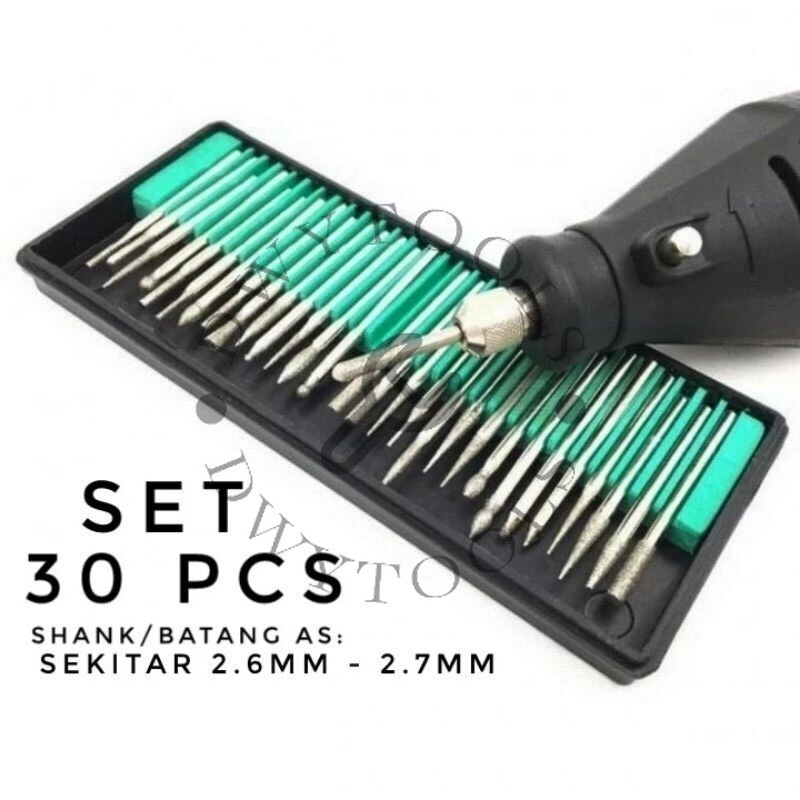 Diamond Burr Set 30pcs / Diamond Pointed / Diamond Pointer Tuner Grafir Akrilik Kaca / Mata Bor Ukir