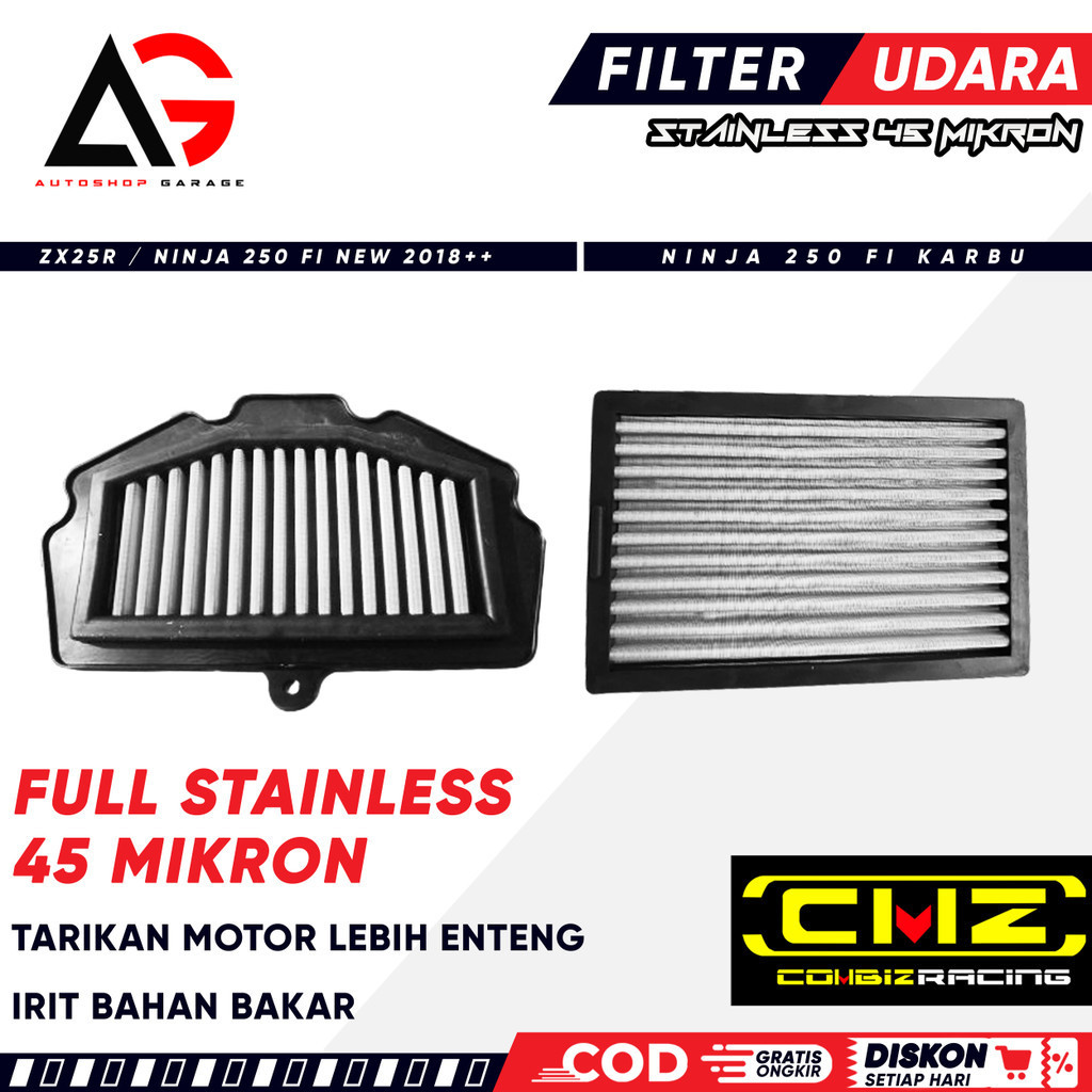 Filter Udara ZX25R Stainless Saringan Udara NINJA 250 FI / KARBU ZX250R : Bisa Di Cuci Irit Bahan Ba