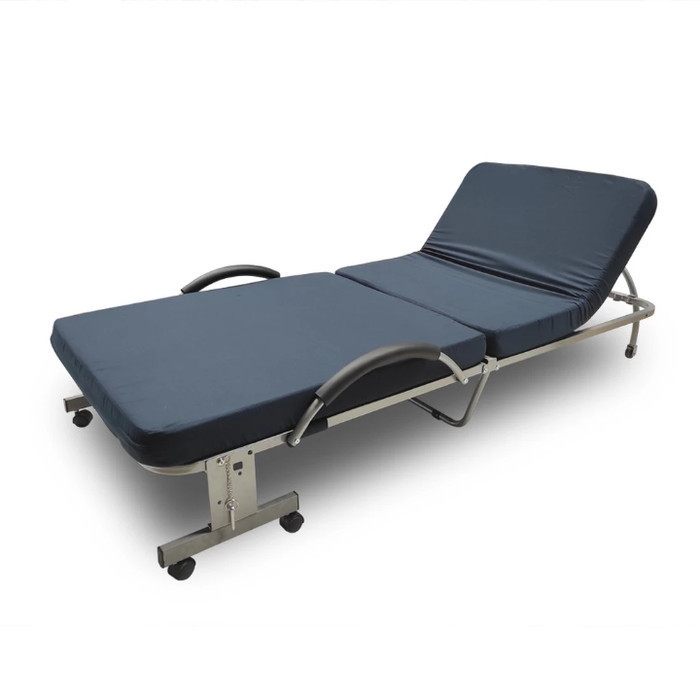 Tempat Tidur Besi Lipat Pakai Roda / Folding Bed Navy Bisa Senderan