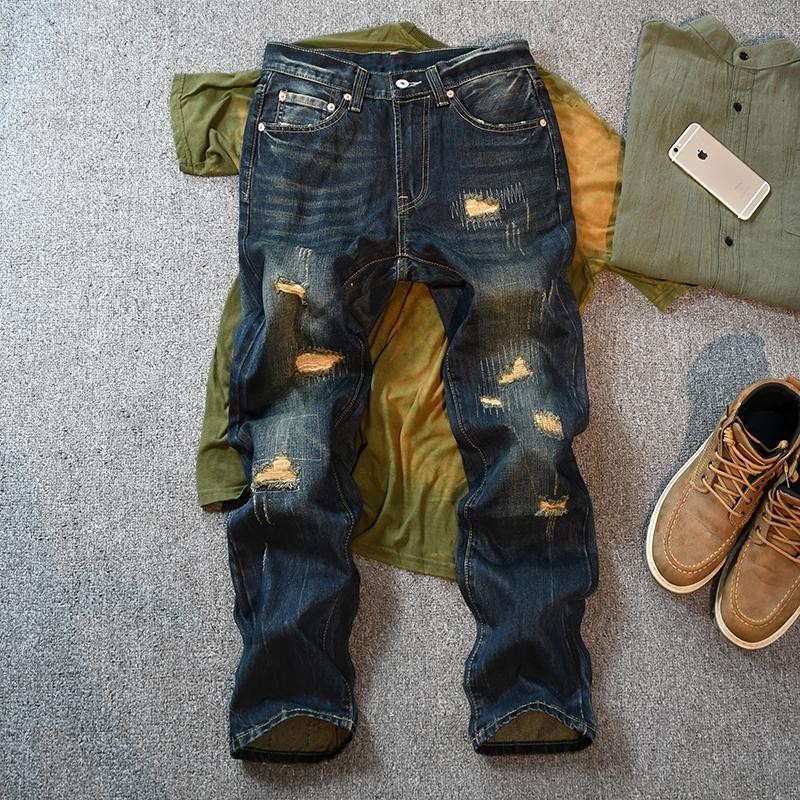 Celana Jeans Pria Celana Robek Retro Longgar Kaki Lurus
